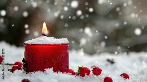 Red Christmas candle with snow photo