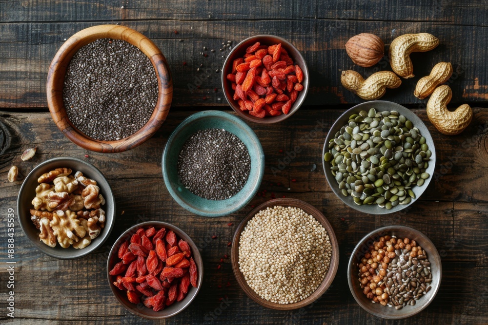 Assortment of superfoods in wooden bowls, including seeds and goji berries Assortment of superfoods in wooden bowls, including seeds and goji berries