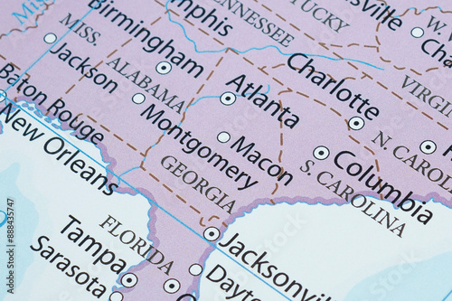 Macro photography of Georgia state of United States of america political map with most important cities and frontiers