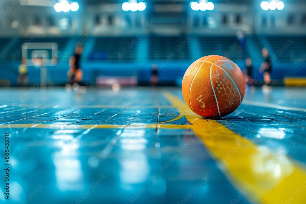 Handball rests on the blue floor of brightly lit indoor arena. Yellow marker lines . Blurry figures of referees and players are visible in the background Handball rests on the blue floor of brightly lit indoor arena. Yellow marker lines . Blurry figures of referees and players are visible in the background