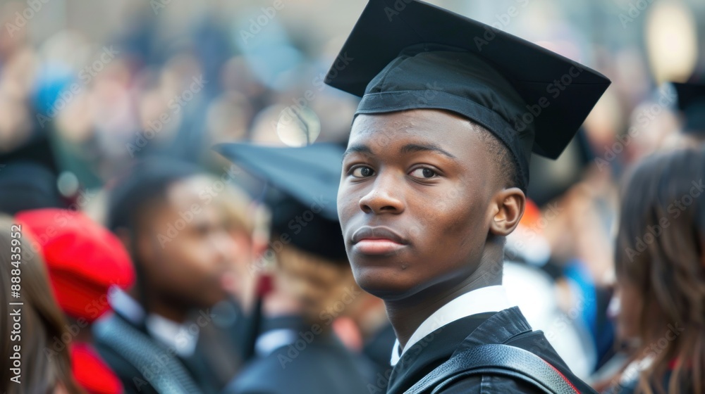 Fototapeta premium Standing amidst the crowd of graduates, a young man wears a graduation hat