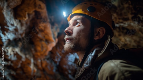 Man wearing a headlamp and helmet explores dark cave, digger looking up at the ceiling formations photo