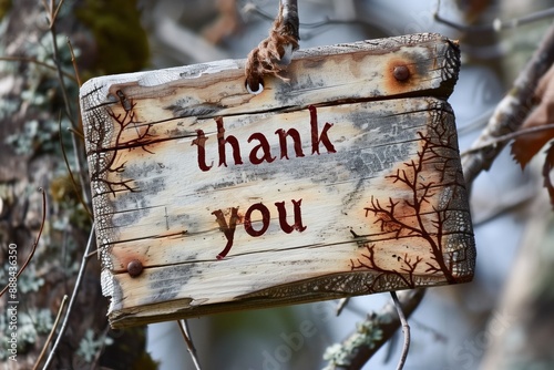 Weathered wooden sign hangs from a tree branch with the words thank you painted in red on the surface. Card for business