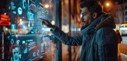 Man Interacting With Digital Display in Urban City at Night