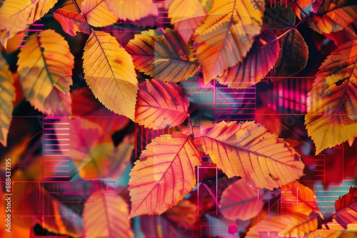 Wallpaper Mural Abstract autumn leaves background showing changing seasons with vibrant red, orange, and yellow colors and a modern technology design overlay Torontodigital.ca