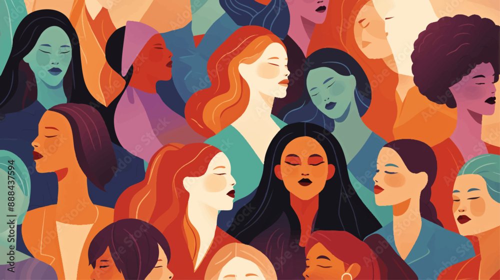  vector illustration of a group of women in an event, the faces have different vibrant colors and calm expressions