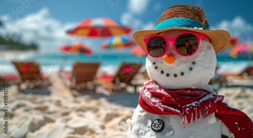 Snowman Relaxing on Beach With Sunglasses and Orange Beach Chairs