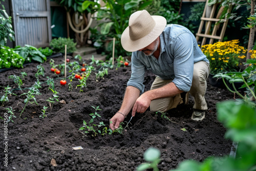Man Planting Vegetables in Garden © Ángela Rojas