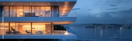 Modern Living Room With Large Windows Offering Sunset View Over Water