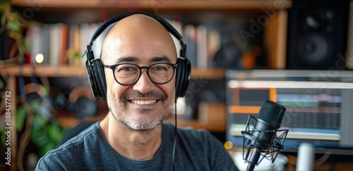Smiling Man Recording a Podcast in a Home Studio