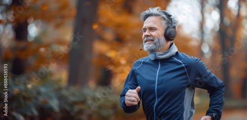 Senior Man Running in Autumn Park With Headphones