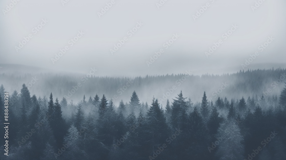 A serene dawn breaks, shrouding a dense forest in a soft mist, with tree silhouettes gently emerging from the fog - Generative AI A serene dawn breaks, shrouding a dense forest in a soft mist, with tree silhouettes gently emerging from the fog - Generative AI