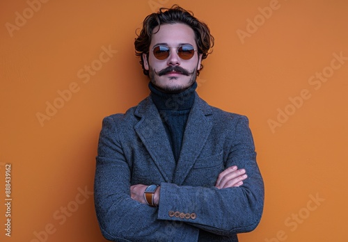 Man Wearing Blue Suit and Sunglasses Stands Against an Orange Background