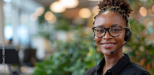 Smiling Customer Service Representative Wearing Headphones and Glasses in a M...