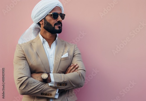 Man Wearing White Turban and Sunglasses Standing Against Pink Wall