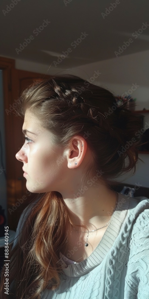Fototapeta premium Portrait of a young woman with sunlight on her face