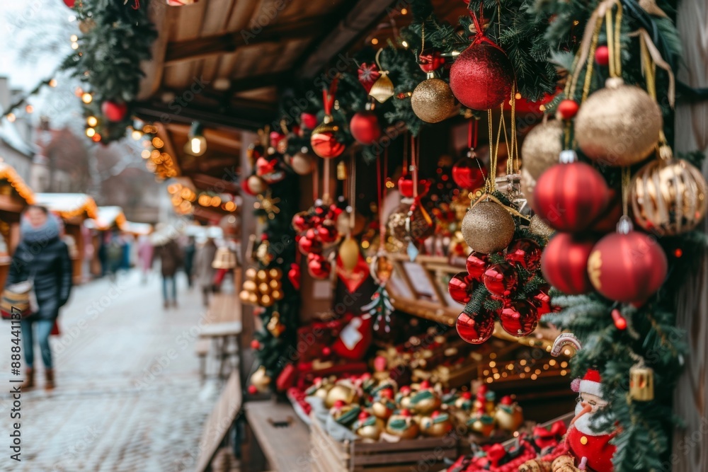 Christmas market with stalls selling ornaments and gifts Christmas market with stalls selling ornaments and gifts