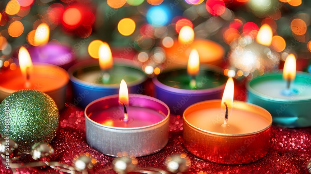 Christmas Candles and Soft Green Ornament on Red Glitter With Sparkling Tree Lights in Background Christmas Candles and Soft Green Ornament on Red Glitter With Sparkling Tree Lights in Background