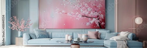 Blue And Pink Living Room Interior Design With Cherry Blossom Artwork