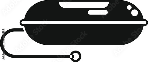 Black silhouette of an inflatable rescue raft with rope for emergency evacuation on water