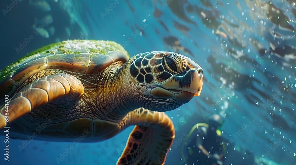 Obraz premium Green Sea Turtle and Scuba Diver