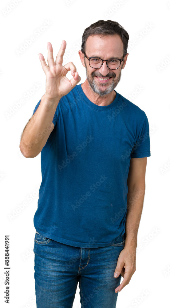 Handsome middle age hoary senior man wearin glasses over isolated background smiling positive doing ok sign with hand and fingers. Successful expression. Handsome middle age hoary senior man wearin glasses over isolated background smiling positive doing ok sign with hand and fingers. Successful expression.