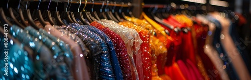 Sequined Evening Dresses Hanging on Racks in a Boutique