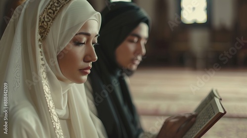 Asian Muslim couple reciting Quran in Sajdah pose. photo