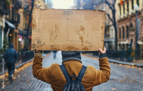Person Holding Cardboard Sign in City Street