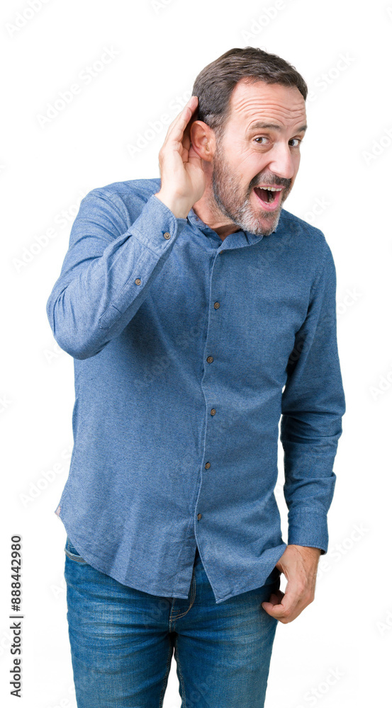 Handsome middle age elegant senior man over isolated background smiling with hand over ear listening an hearing to rumor or gossip. Deafness concept. Handsome middle age elegant senior man over isolated background smiling with hand over ear listening an hearing to rumor or gossip. Deafness concept.