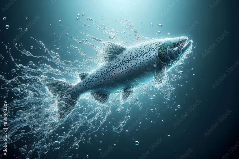 Fototapeta premium transparent Salmon fish made out of water. dynamic and fluid appearance. The background is cleared transparent water