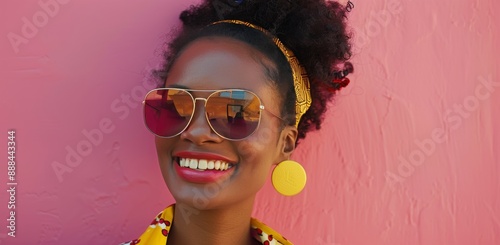 Woman Smiling In Sunglasses Against Pink And Yellow Wall