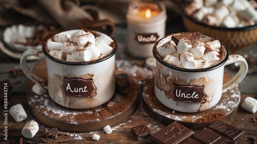 Two hot cocoa mugs with marshmallows labeled Two hot cocoa mugs with marshmallows labeled