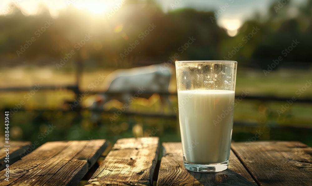 A glass of milk is on a wooden table in front of a cow. Free copy space for banner. A glass of milk is on a wooden table in front of a cow. Free copy space for banner.
