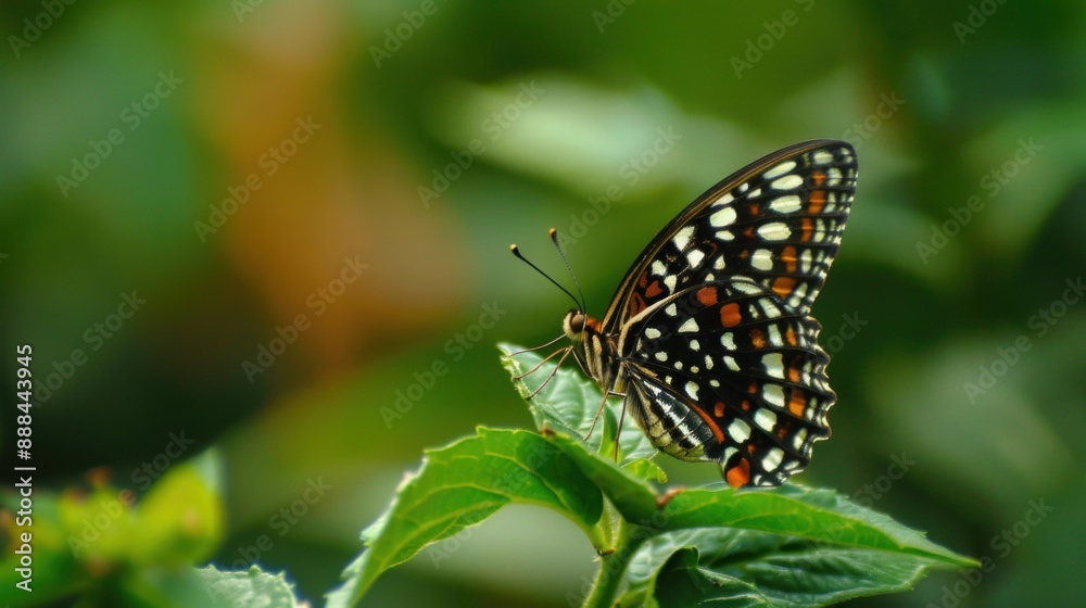 Butterfly with spotted wings rests delicately on a leaf Butterfly with spotted wings rests delicately on a leaf
