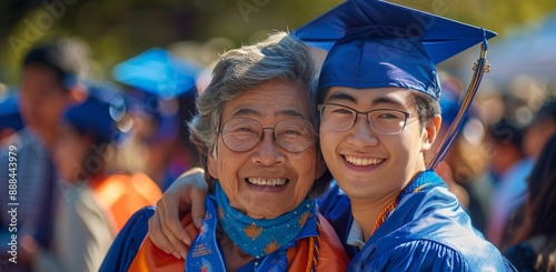 Two Happy Graduates Hugging at a Sunny Graduation Ceremony