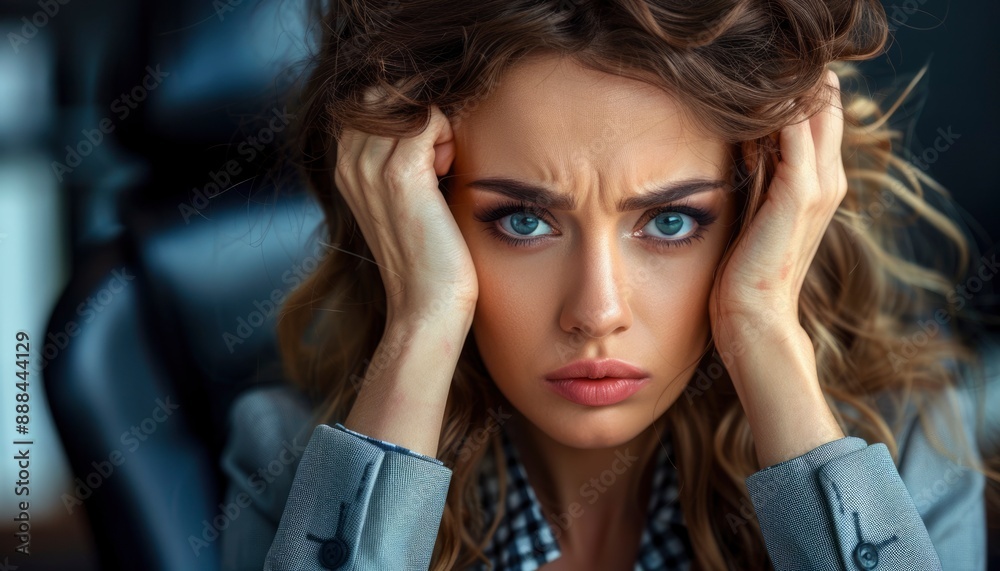 Frustrated businesswoman holding head in hands Frustrated businesswoman holding head in hands