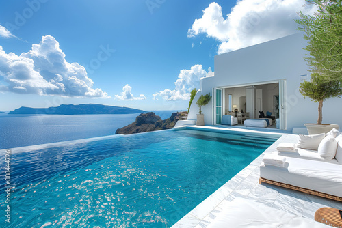 white villa with pool and terrace overlooking the sea in greece, summer vacation concept, panoramic view of cozy home exterior design  photo