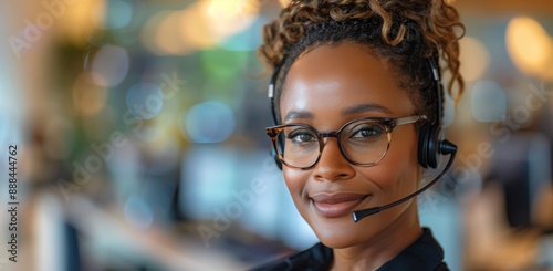 Smiling Customer Service Representative Wearing Headphones and Glasses in a M...