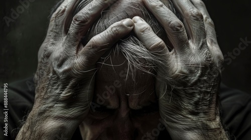 Elderly man holds his head in his hands in despair