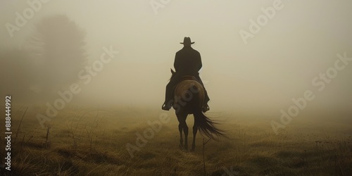 A Lone Rider Travels Through Foggy Countryside on a Horseback