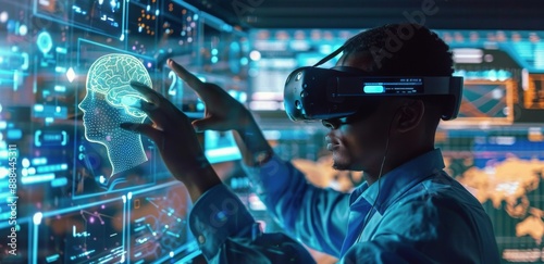 Man Wearing Virtual Reality Headset Interacts With Holographic Brain Model