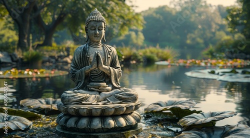 Serene Buddha Statue Meditating on a Lily Pad Pond in a Lush Tropical Garden © olegganko