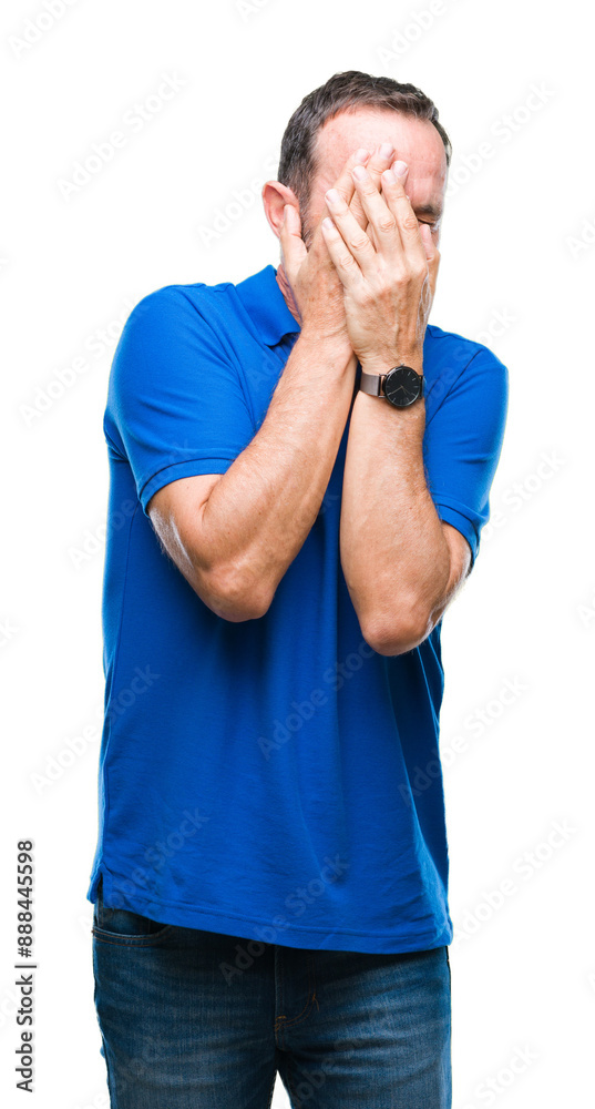 Middle age hoary senior man over isolated background with sad expression covering face with hands while crying. Depression concept. Middle age hoary senior man over isolated background with sad expression covering face with hands while crying. Depression concept.