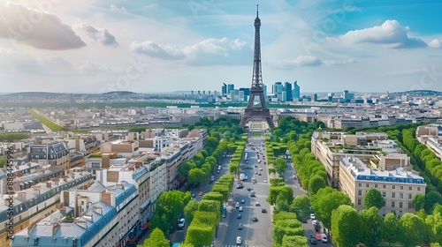 Aerial panoramic scenic view of Paris with the Eiffel tower, France and Europe city travel panorama