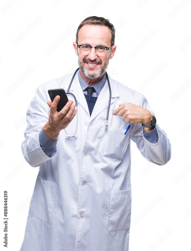 Middle age senior hoary doctor man texting using smartphone over isolated background with surprise face pointing finger to himself Middle age senior hoary doctor man texting using smartphone over isolated background with surprise face pointing finger to himself