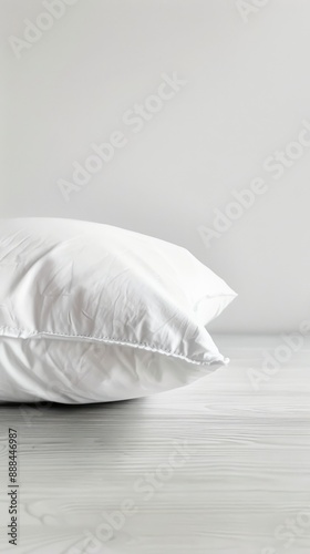 Soft white pillow resting on a wooden surface