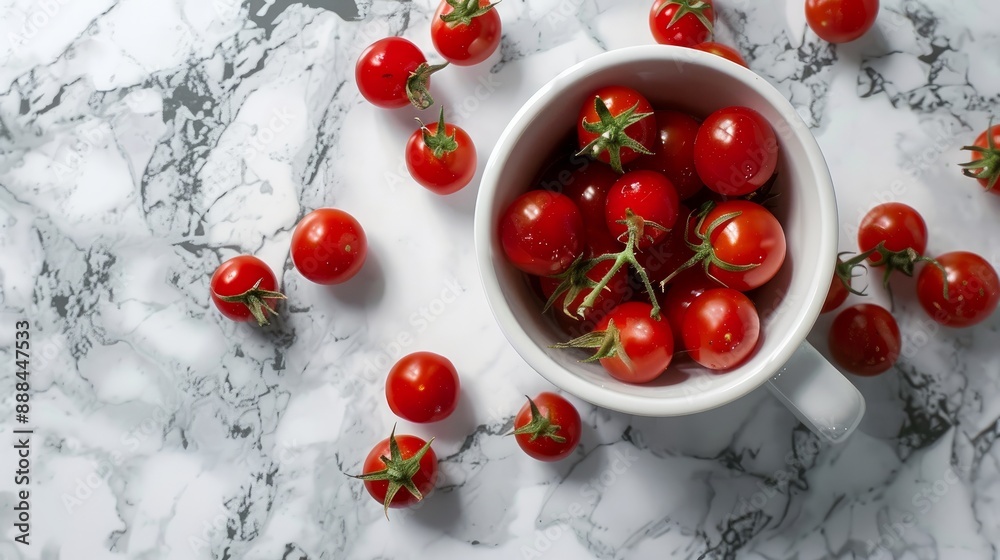 A marble surface containing a mug of cherry tomatoes, some of which are spilled A marble surface containing a mug of cherry tomatoes, some of which are spilled