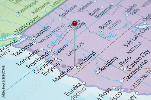 Close up to a Medford city with a red pin needle into United States of America country political map 