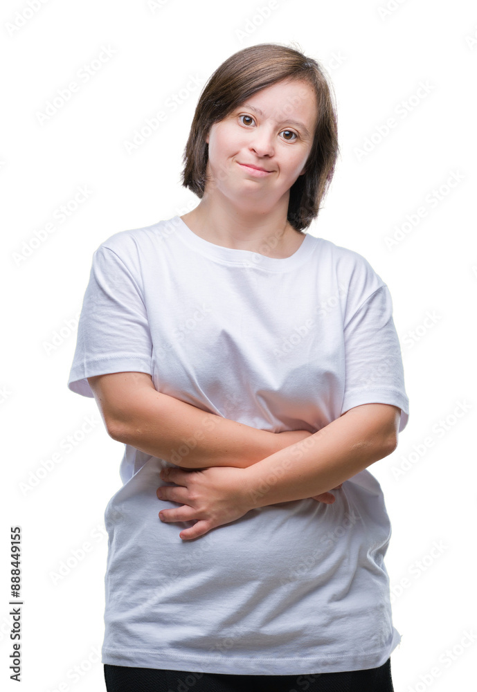 Young adult woman with down syndrome over isolated background with hand on stomach because nausea, painful disease feeling unwell. Ache concept. Young adult woman with down syndrome over isolated background with hand on stomach because nausea, painful disease feeling unwell. Ache concept.